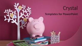  Presentation with school budget - Audience pleasing PPT layouts consisting of school budget - piggy bank with stationery coins backdrop and a violet colored foreground