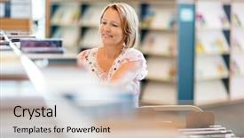  Presentation with school building - Colorful slide deck enhanced with school building - mature female librarian working backdrop and a soft green colored foreground