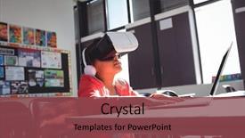  Presentation with virtual reality - Beautiful PPT theme featuring school bulletin boards - girl typing on laptop while backdrop and a violet colored foreground