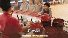  Presentation with school cafeteria - Colorful slide set enhanced with school cafeteria worker serves noodles to students backdrop and a tawny brown colored foreground