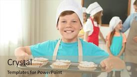  Presentation with camp - Colorful PPT layouts enhanced with school camp - boy holding tray with delicious backdrop and a coral colored foreground