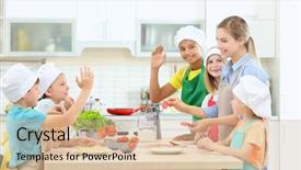  Presentation with school children - PPT theme consisting of school camp - group of children and teacher background and a lemonade colored foreground