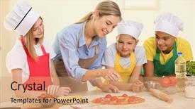  Presentation with school children - Colorful presentation design enhanced with school camp - group of children and teacher backdrop and a coral colored foreground