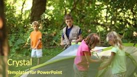  Presentation with camp - Beautiful slide set featuring school camp - group of kids putting together backdrop and a tawny brown colored foreground