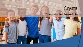  Presentation with classmates - PPT theme enhanced with school center - classmates posing for photo background and a coral colored foreground