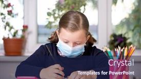  Presentation with child protection - Colorful presentation theme enhanced with school-child-wearing-mask backdrop and a navy blue colored foreground