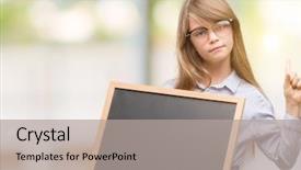  Presentation with blackboard - Colorful theme enhanced with school children background presentation - young blonde child holding blackboard backdrop and a light gray colored foreground