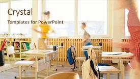  Presentation with children running - Presentation design featuring school children running in classroom background and a cream colored foreground