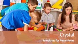  Presentation with kids development - Presentation design consisting of school children with scissors background and a coral colored foreground