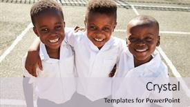  Presentation with camera - Audience pleasing presentation design consisting of school children standing - young african schoolboys smiling backdrop and a light gray colored foreground