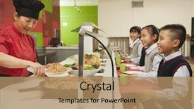  Presentation with school cafeteria - Cool new slide deck with school children standing in line backdrop and a coral colored foreground