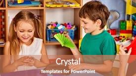  Presentation with team kids - Presentation design with school children with scissors background and a coral colored foreground