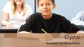  Presentation with school desk - Presentation theme consisting of school classroom sitting at desk background and a coral colored foreground