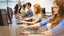  Presentation with helping - PPT theme featuring her class at the university background and a coral colored foreground