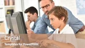  Presentation with class - Colorful theme enhanced with school computer - teacher with kids in computing backdrop and a  colored foreground