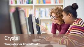  Presentation with college students and laptop - Colorful PPT theme enhanced with learning point - two college students pointing backdrop and a coral colored foreground