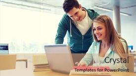  Presentation with online library - Colorful PPT theme enhanced with school concept - happy students backdrop and a coral colored foreground