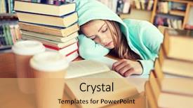  Presentation with tired - Beautiful presentation design featuring people education session exams and school concept - tired student girl or young woman with books and coffee sleeping in library backdrop and a yellow colored foreground