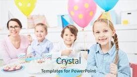  Presentation with birthday kids - Amazing presentation theme having school cookies - group of cheerful kids backdrop and a sky blue colored foreground