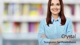  Presentation with book - Beautiful theme featuring school counselors - young female librarian on blurred backdrop and a light blue colored foreground
