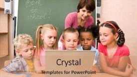  Presentation with laptop - Slides consisting of school data - portrait of pupils looking background and a coral colored foreground