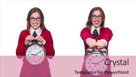  Presentation with fire alarm office - PPT theme consisting of school delay - office worker holding alarm clock background and a coral colored foreground