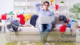  Presentation with messy - PPT layouts with school delay - young man working studying background and a coral colored foreground