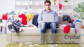  Presentation with messy - Slide set with school delay - young man working studying background and a coral colored foreground