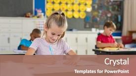  Presentation with taking notes - PPT theme featuring school desk studying in classroom background and a coral colored foreground