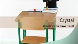  Presentation with school desk - Theme featuring school desk with master hat stack of books and diploma in classroom background and a coral colored foreground