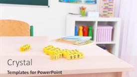  Presentation with school desk - Colorful slide set enhanced with school-desk-with-plastic-cubes backdrop and a lemonade colored foreground