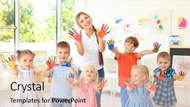  Presentation with paint art - Presentation design featuring school education - children and teacher with hands background and a lemonade colored foreground