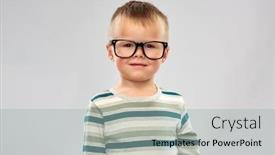  Presentation with vision - Audience pleasing presentation theme consisting of school education and vision concept - portrait of smiling little boy in glasses over grey background backdrop and a light gray colored foreground