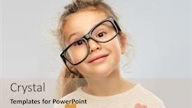  Presentation with vision - Presentation theme enhanced with school education and vision concept - portrait of smiling little girl in crookedly placed glasses over grey background background and a coral colored foreground
