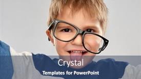  Presentation with vision - Amazing slide set having school education and vision concept - portrait of smiling little boy with crookedly worn glasses showing tongue over grey background backdrop and a ocean colored foreground