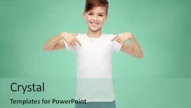  Presentation with chalk board - PPT theme enhanced with school education childhood advertisement and people concept - happy boy in white t-shirt and jeans pointing finger to himself over green chalk board background background and a mint green colored foreground