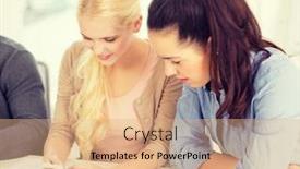  Presentation with teens - PPT theme with school education technology and internet concept - two teens with smartphones at school background and a coral colored foreground