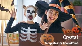  Presentation with happy holidays - Colorful slide deck enhanced with school events - happy family preparing for halloween backdrop and a tawny brown colored foreground