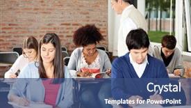  Presentation with examination - PPT theme consisting of school examination - group of multiethnic students writing background and a ocean colored foreground