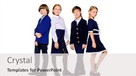  Presentation with school children - Audience pleasing PPT theme consisting of school fashion group of happy children in school uniform posing at studio isolated over white background copy space backdrop and a white colored foreground