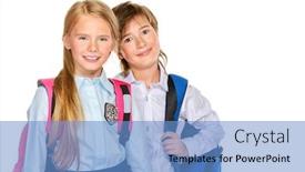  Presentation with school backpacks - Presentation theme enhanced with school fashion two cute children in school uniform and with school backpacks posing at studio isolated over white background copy space background and a teal colored foreground