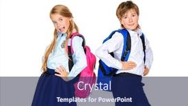  Presentation with school backpacks - Audience pleasing PPT theme consisting of school fashion two cute children in school uniform and with school backpacks posing at studio isolated over white background copy space backdrop and a navy blue colored foreground