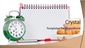  Presentation with green notebook - Presentation consisting of school food fitness - big green alarm clock background and a  colored foreground