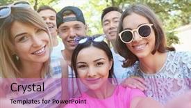  Presentation with focus group hands taking notes - Presentation design with school fun - group of happy teenagers taking background and a coral colored foreground