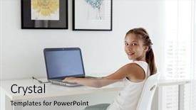  Presentation with cheerful stylish city girl using - Slide deck with school fun - tween girl using laptop background and a light gray colored foreground