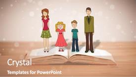  Presentation with book - Presentation theme consisting of school girl education objects symbols - drawing of a happy family background and a  colored foreground