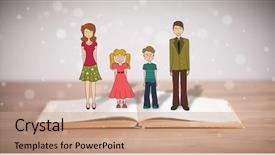  Presentation with book - Presentation theme consisting of school girl education objects symbols - drawing of a happy family background and a  colored foreground