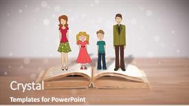  Presentation with school family - Presentation design featuring school girl education objects symbols - drawing of a happy family background and a coral colored foreground