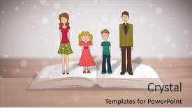  Presentation with book - Colorful presentation design enhanced with school girl education objects symbols - drawing of a happy family backdrop and a  colored foreground