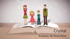  Presentation with book - Colorful slide deck enhanced with school girl education objects symbols - drawing of a happy family backdrop and a  colored foreground